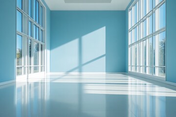 Obraz premium Bright and spacious room with blue walls and large windows showcasing sunlight and reflections on the floor