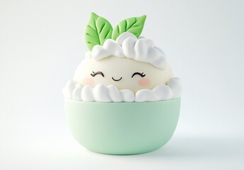 Cute cartoon ice cream in a bowl with leaves.