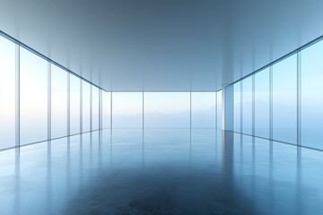 Fototapeta premium Modern glass-walled room with panoramic view of foggy mountains and serene atmosphere at dawn
