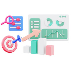 Business insights data pie graph chart with dart board and magnifying icon illustration. Concept of market analysis 3d render illustration image