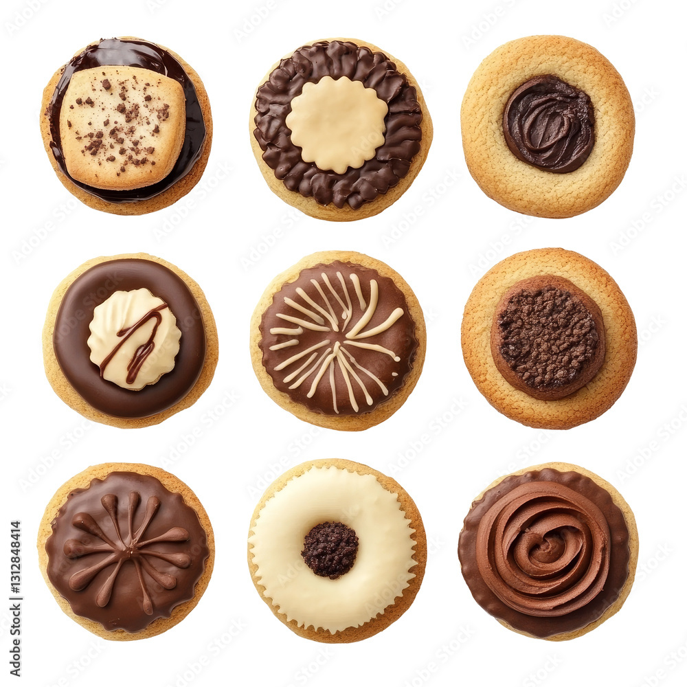 Poster delicious variety of cookies with different toppings displayed on a transparent background ready for