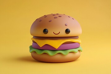 Cute cartoon hamburger with cheese, lettuce, and sesame seeds on yellow background.