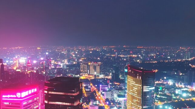 Bright neon-lit cityscape during twilight hours