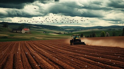 Fototapeta premium Tractor Plows Field Under Cloudy Sky