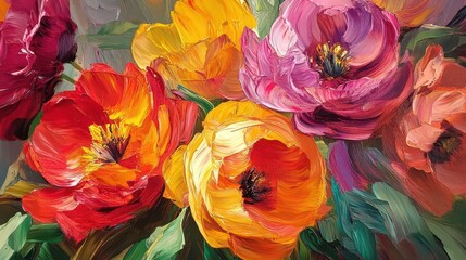 An oil painting of spring flowers on canvas showcases beautiful, abstract colorful blooms.