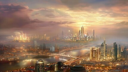 Futuristic skyline with glowing industrial backdrop