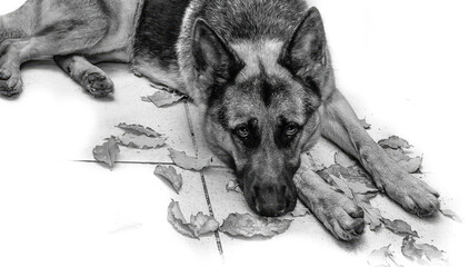 Black and white photo of a sad German Shepherd lying on the floor with dry leaves, expressing solitude and melancholy.