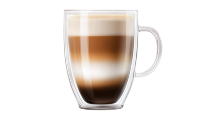 Glass mug with layered latte, isolated on transparent white background. 