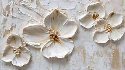 An oil-textured 3D painting of spring flowers on canvas features beautiful abstract white and beige blooms.