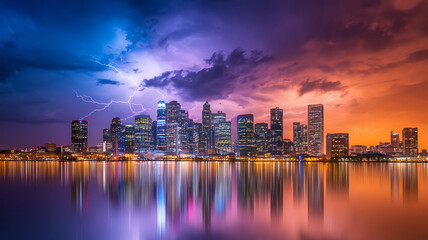 Obraz premium Detroit Skyline at Night with Dramatic Lightning Storm