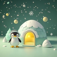 Cute penguin wearing headphones standing outside an illuminated igloo in a snowy scene.