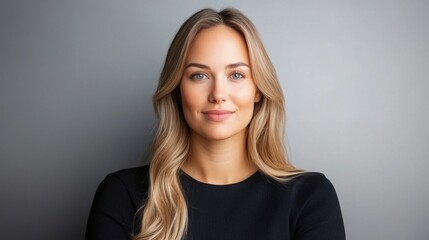 Fototapeta premium Confident young woman with long blonde hair, posing against a neutral background in a professional setting