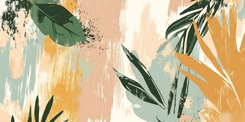 Abstract art with tropical leaves and muted earth tones