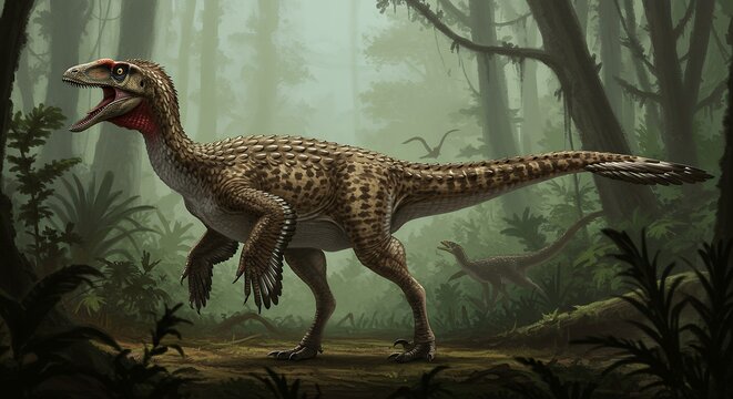 Walking feathered raptor in prehistoric jungle environment with misty background