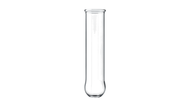 Empty glass test tube with transparent design for laboratory and science experiments, isolated on transparent white background. 