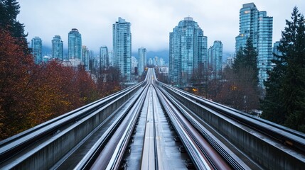 Fototapeta premium A view of elevated train tracks leading through a cityscape with modern buildings and greenery.