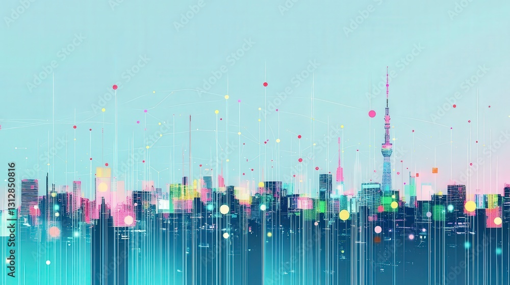 Poster colorful digital skyline with pixelated data patterns.