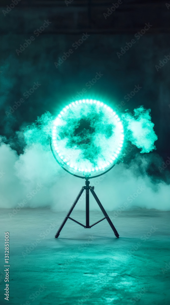 Aufkleber led ring lamp casting cyan smoke glow within shadowy interior, generating enigmatic ambient lighting