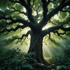 Ancient Forest Majesty: A Mystical Giant Tree Basking in Sunbeams