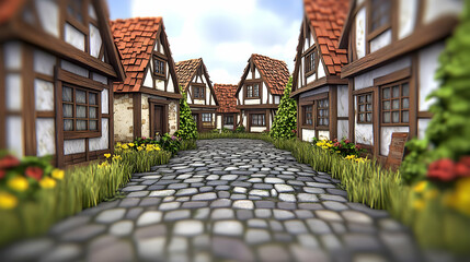 Charming Medieval Village Street Cobblestone Road Pixel Art