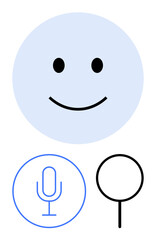 Fototapeta premium Smiling face above microphone and magnifying glass, combining positivity, communication, and search representation. Ideal for technology, voice assistant, interaction, user interface, positivity