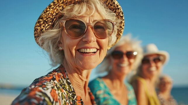 A group of 70-year-old women of mixed racial backgrounds walk through a European city street with travel bags, embodying mature travel and senior exploration