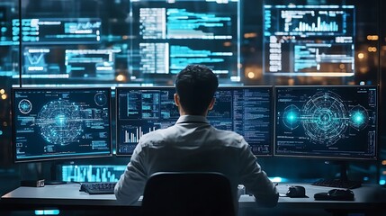 A Person Works In Front Of Computer Monitors Viewing Data