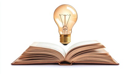 An open book with a light bulb positioned above it, symbolizing ideas and knowledge.