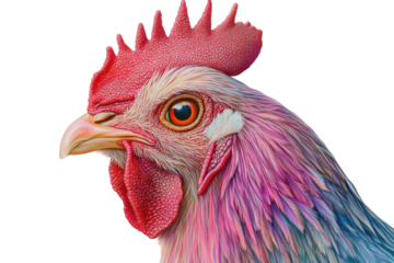 Vibrant close-up of a rooster with colorful plumage and a striking expression captured in a playful artistic style
