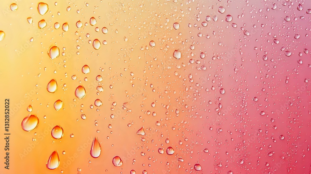 Aufkleber water drops on glass surface with vibrant orange and pink gradient background creating dreamy bokeh 