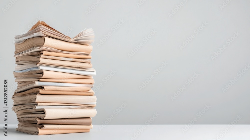 Poster neatly stacked documents on a bright white table for business and office use in a minimalist style