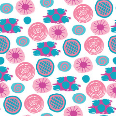 Ethnic seamless pattern of abstract ovals. Hand drawn background with jagged edge shapes. Pink, blue colors on white.Vector design for textile, wallpaper, cover. Print on fabric and paper.