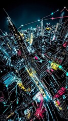 Obraz premium Bright urban landscape radiates with digital glow