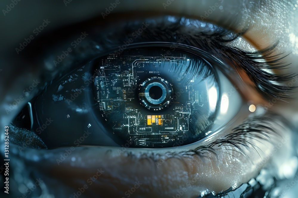 Poster futuristic cybernetic eye with digital circuit patterns and glowing elements reflecting advanced tec