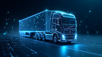 Concept of smart logistics and fleet management. A holographic modern truck with a cargo container, set against a dark background enhanced by digital connections and blue light effects