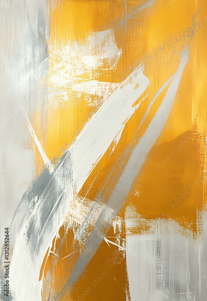 Poster abstract brushstrokes in yellow, white and gray create dynamic movement and energy on canvas, featur