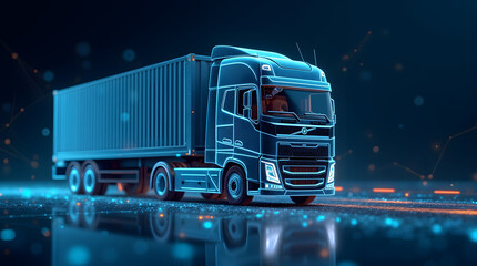 Concept of smart logistics and fleet management. A holographic modern truck with a cargo container, set against a dark background enhanced by digital connections and blue light effects