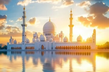 Grand Mosque sunrise reflection, city skyline