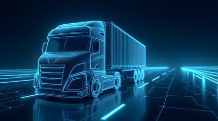 Concept of smart logistics and fleet management. A holographic modern truck with a cargo container, set against a dark background enhanced by digital connections and blue light effects