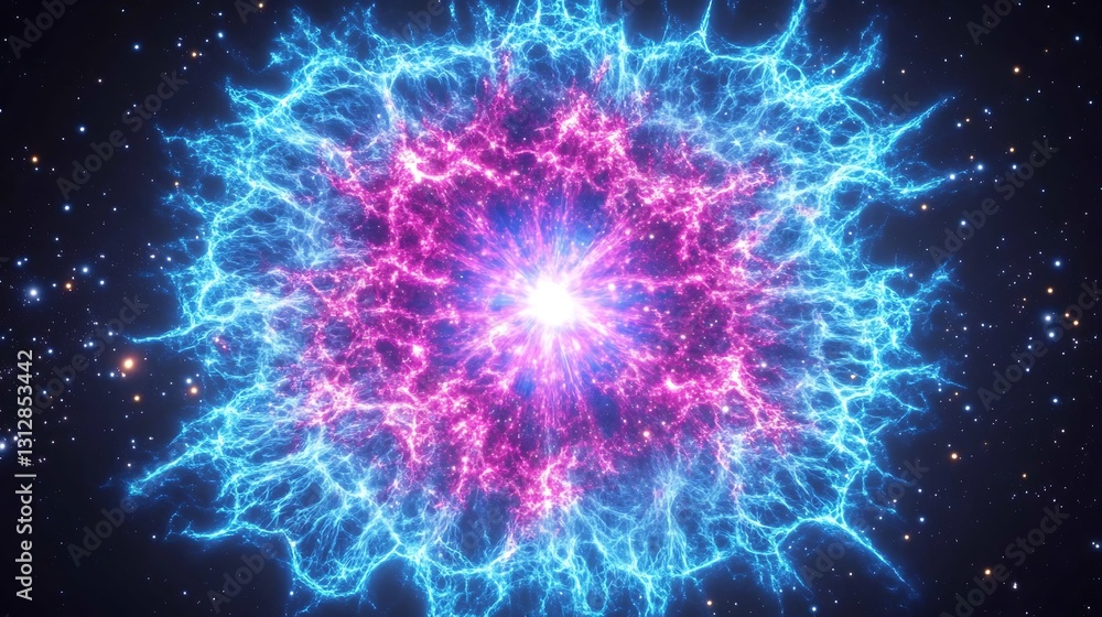 Poster a brightly illuminated nebula exploding in a distant galaxy with stars