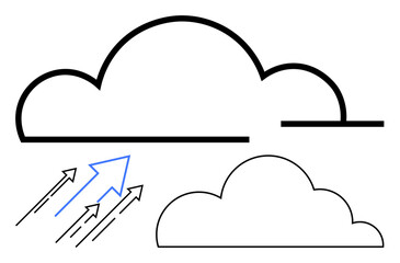 Two clouds drawn in black with blue arrows indicating upward airflow, representing wind, weather, or atmosphere concepts. Ideal for meteorology, nature, climate, forecasting, technology airflow