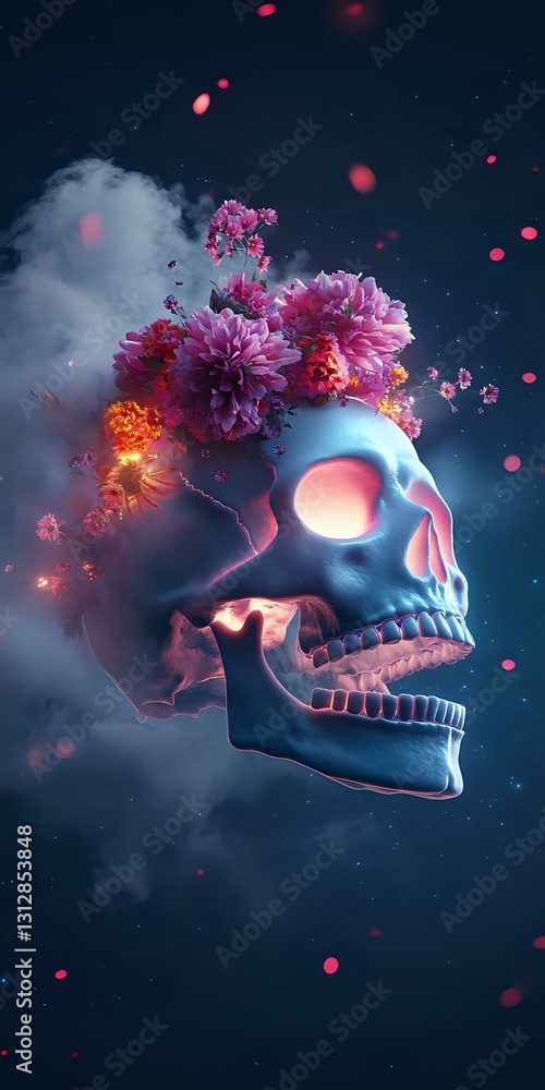 Poster mystical skull with pink peonies and glowing effects against dark blue sky with clouds and floating 