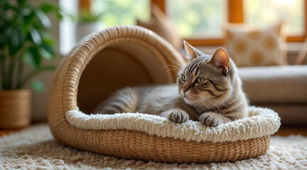 Plakat Gray tabby cat relaxing in a cozy woven bed inside a bright living room with large windows and plants during daylight hours