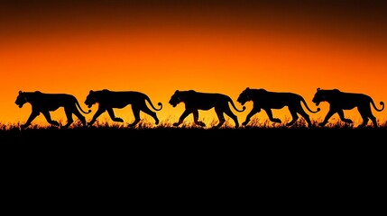 Five lionesses silhouetted against a vibrant orange sunset, walking in a line across the savanna.