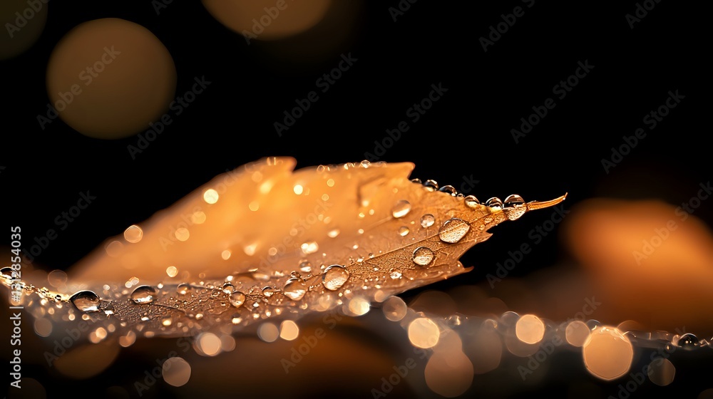 Poster autumn leaf covered in morning dew drops with golden bokeh background creates atmospheric nature mac
