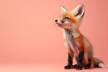 Playful young fox sitting against a soft pink background, showcasing its curious expression and fluffy fur