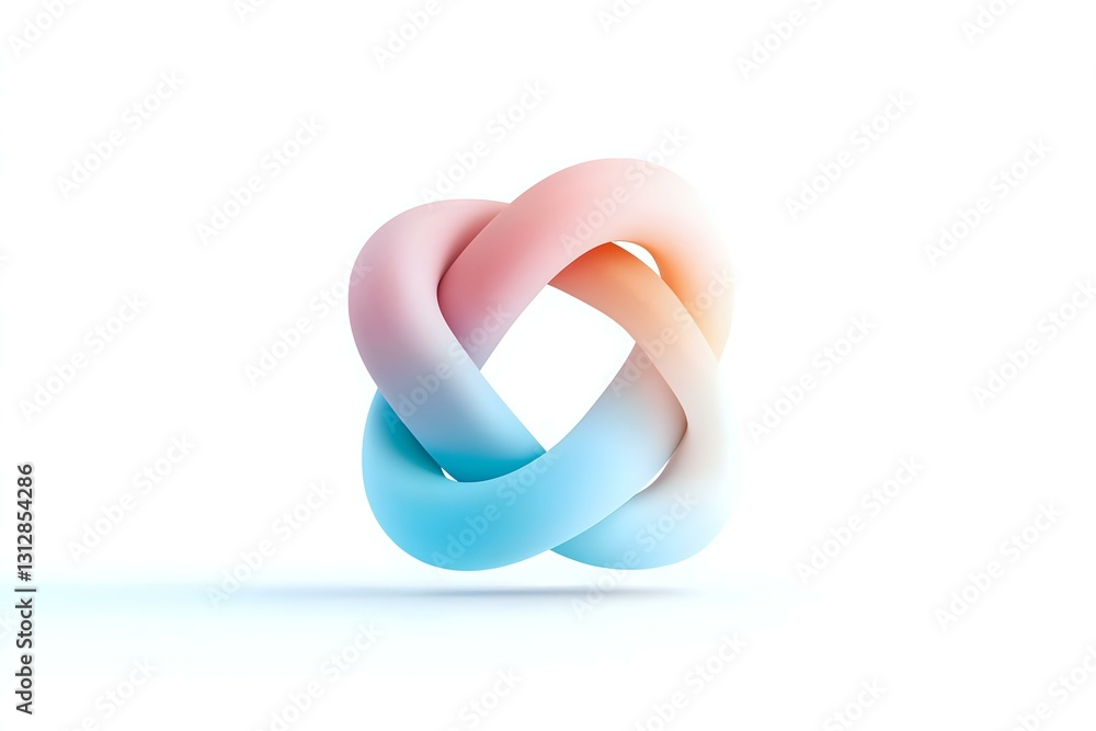 Poster gradient colored infinity knot shape in soft pink and blue tones on white background, modern minimal