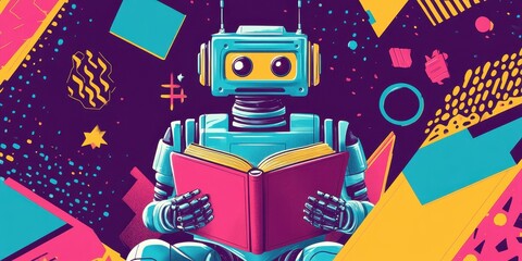 Fototapeta premium A Colorful Robot Reads a Book Amidst Geometric Shapes and Stars