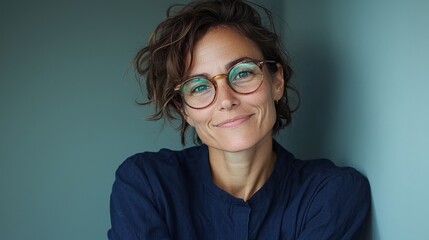 Fototapeta premium A confident and smiling young businesswoman, dressed in a blue shirt and glasses, looks directly at the camera with a happy and professional demeanor