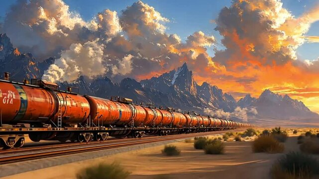 Train tanker cars through desert mountains at sunset. Scenic railroad journey. Possible use Stock photo for travel, railways, nature, landscape